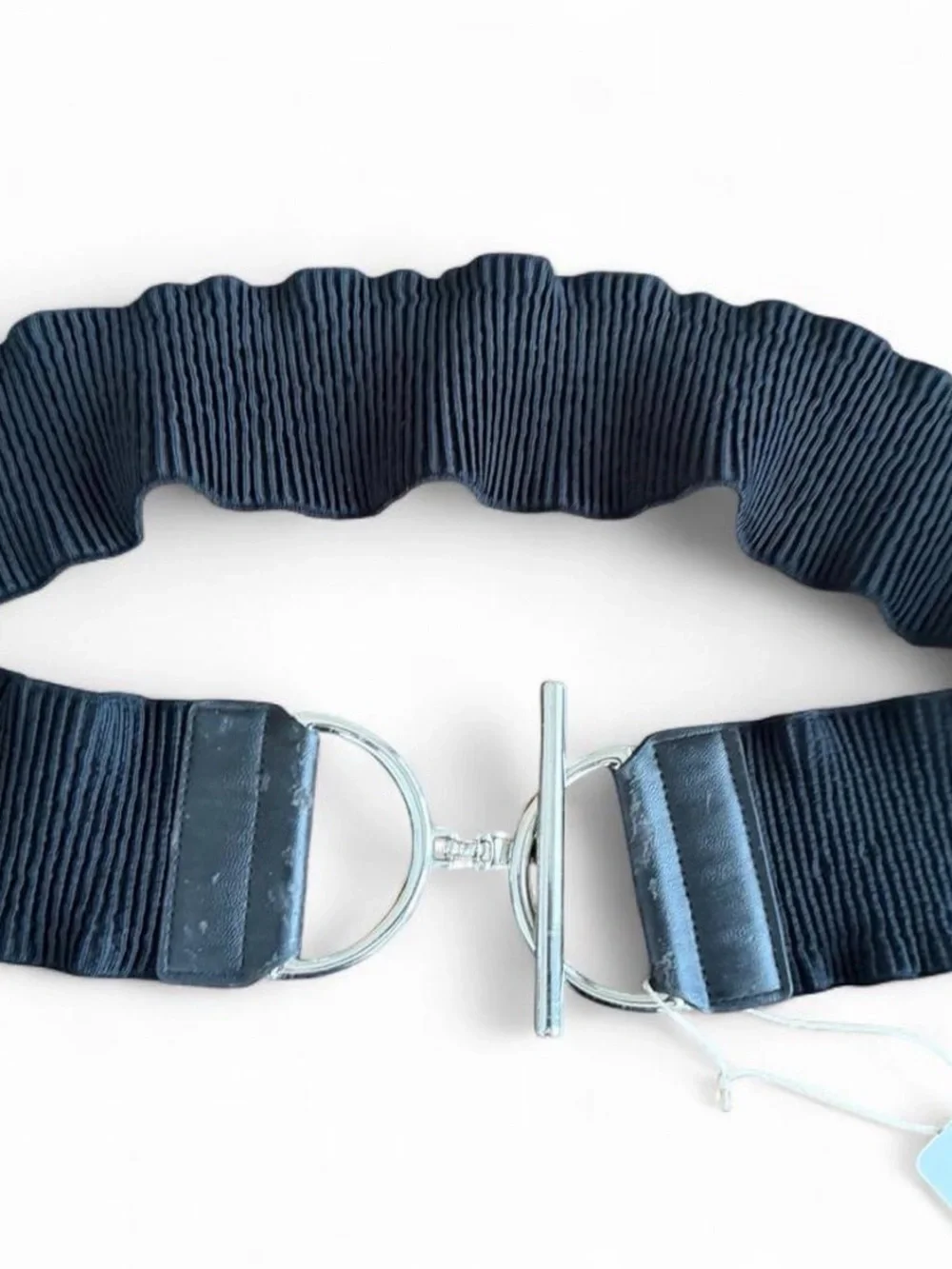 Vintage Chico's Black Ribbed Elastic Belt with Silver Toggle Closure M/L